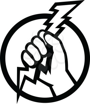 Retro style illustration of an electrician or power lineman hand holding a lightning bolt on isolated background done in black and white.