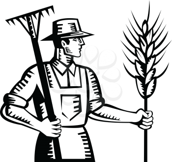 Illustration of a wheat farmer worker holding a rake and cereal grain stalk viewed from side done in retro woodcut style.