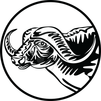 Retro style illustration of an African buffalo or Cape buffalo, a large sub-Saharan African bovine viewed from side set in circle on isolated background done in black and white.