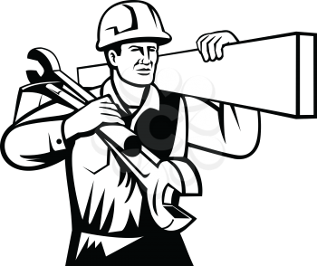 Black and white illustration of a handyman, builder or tradesman worker with hard hat carrying spanner wrench and spade viewed from front on isolated background done in retro style.