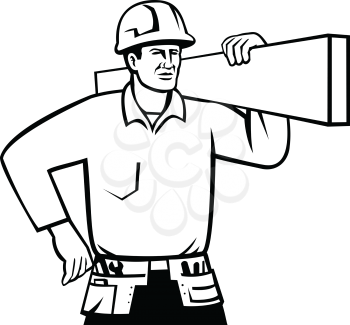Black and white illustration of a  builder, handyman or construction worker wearing hard hat and carrying timber viewed from front on isolated background done in retro style.