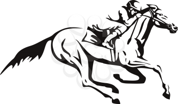 Retro style illustration of a jockey riding horse horseback or horse racing viewed from side on isolated background in black and white.