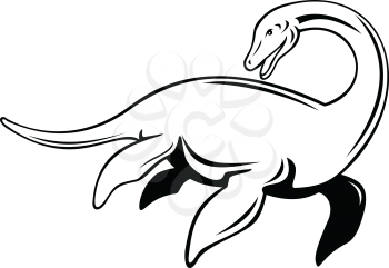 Retro style illustration of a Loch Ness Monster or Nessie, a cryptid in cryptozoology and Scottish folklore that is large long-necked, viewed from side on isolated background in black and white.