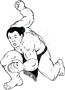 Ukiyo-e or ukiyo style illustration of a professional sumo wrestler or rikishi in fighting stance viewed from front on isolated background done in black and white.