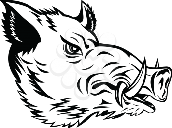 Mascot illustration of head of a wild boar, Sus scrofa, wild swine, common wild pig, a suid native to the Palearctic viewed from side on isolated background in retro black and white style.