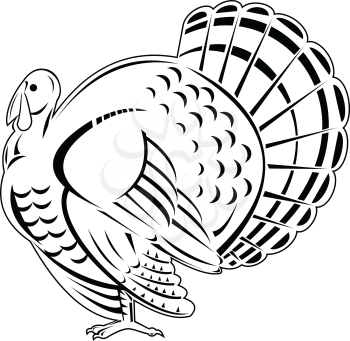 Retro woodcut style illustration of a wild turkey is a large bird in the genus meleagris, which is native to the Americas viewed from side isolated background done in black and white.