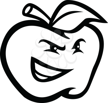 Black and white mascot illustration of an angry red apple, a sweet, edible fruit produced by apple trees,  looking to side viewed from front on isolated background in retro style.