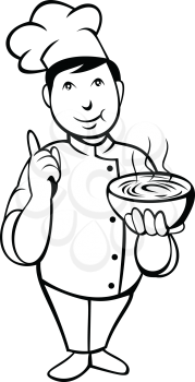 Cartoon character style illustration of an Asian chef or cook holding and serving a bowl of hot soup with number one hand sign viewed front on isolated white background done in black and white.