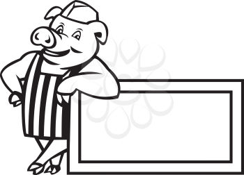 Black and white illustration of a butcher pig standing leaning on a rectangle sign facing front set  on isolated white background done in cartoon style. 