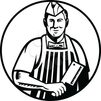 Retro woodcut style illustration of a butcher cutter worker with meat cleaver knife wearing cap and apron facing side set inside circle on isolated background done in black and white.
