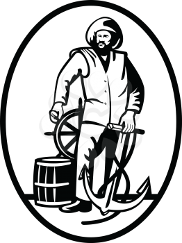 Retro black and white style illustration of commercial fisherman at the helm with anchor and wooden barrel viewed from front set inside oval on isolated background.