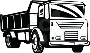 Retro woodcut black and white style illustration of a dump truck, known also as a dumper truck or tipper truck viewed from a low angle on side in isolated white background.