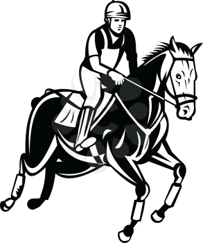 Retro black and white style illustration of an equestrian riding horse show jumping, stadium jumping or open jumping,  part of a group of English riding equestrian events on isolated background.