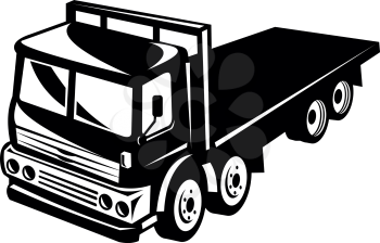 Retro black and white style illustration of a flatbed truck viewed from side on a high angle on isolated white background.