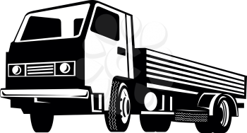 Retro black and white style illustration of a lightweight flatbed truck viewed from side on low angle on isolated white background.