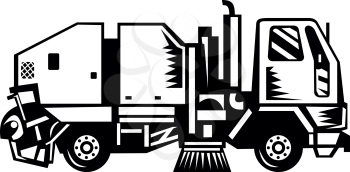 Black and white illustration of a street cleaner truck sweeping cleaning from side on isolated background done in retro woodcut style.