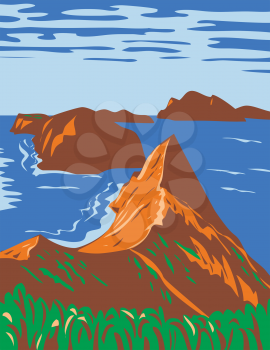 WPA poster art of the Channel Islands National Park comprises 5 ecologically rich islands off the Southern California coast USA in works project administration or federal art project style.