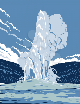 WPA poster art of the Old Faithful, a cone geyser in Yellowstone National Park in Wyoming, United States of America done in works project administration or federal art project style.