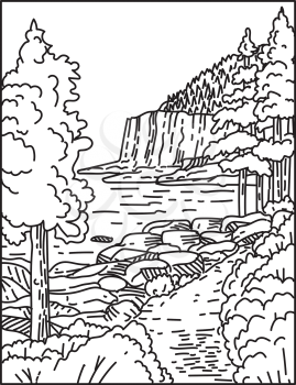 Mono line illustration of Otter Cliff along the North Atlantic Seaboard located in Acadia National Park Maine, United States of America done in retro black and white monoline line art style.