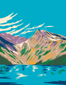 Art Deco or WPA poster of Ecrins National Park in the Dauphine Alps south of Grenoble and north of Gap in Isere and Hautes-Alpes south-eastern France done in works project administration style.