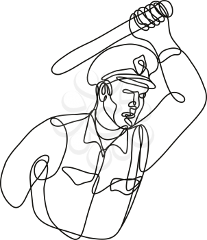 Continuous line drawing illustration of a policeman or police officer striking with baton or nightstick police  brutality done in mono line or doodle style in black and white on isolated background. 