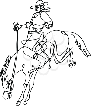 Continuous line drawing illustration of a rodeo cowboy riding bucking bronco side view  done in mono line or doodle style in black and white on isolated background. 