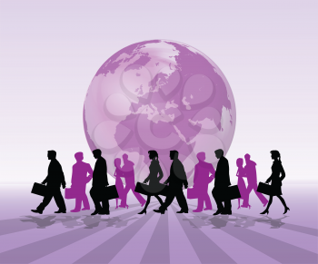 Royalty Free Clipart Image of Silhouetted Business People in Front of a Globe