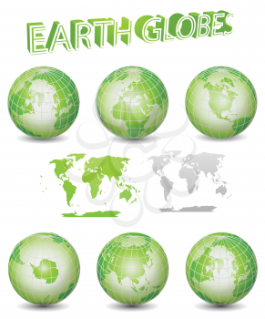 Royalty Free Clipart Image of a Set of Green Earth Globes