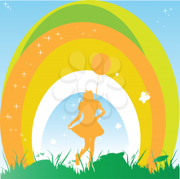 Royalty Free Clipart Image of a Girl Silhouette and a Rainbow