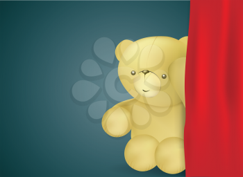 Royalty Free Clipart Image of a Teddy Bear Behind a Curtain 