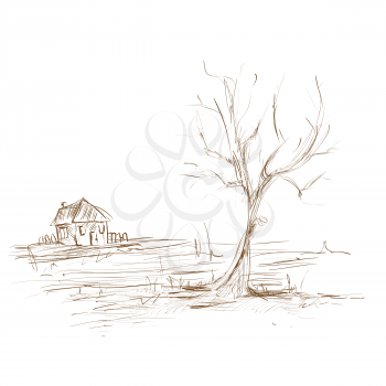 Hand draw sketch landscape , tree and house 