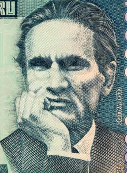 Royalty Free Photo of Cesar Vallejo on 10000 Indis 1988 Banknote from Peru. Famous Peruvian poet.