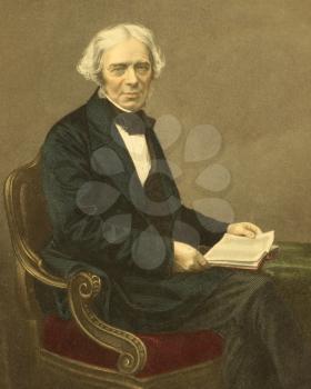 Royalty Free Photo of Michael Faraday (1791-1867) on engraving from the 1800s. English chemist and physicist who contributed to the fields of electromagnetism and electrochemistry. Engraved by D.J.Pou