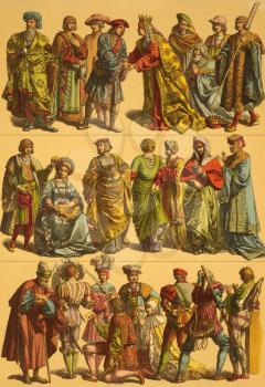 16th Century Netherlands Costumes on engraving from 1890 by Fr.Hottenroth.