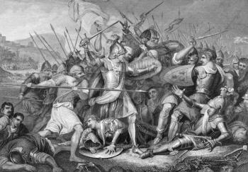 Battle of Agincourt in 1415 on engraving from the 1800s. Major English victory against a numerically superior French army in the Hundred Years War. Engraved by J.Rogers after a painting by J.H.Mortime