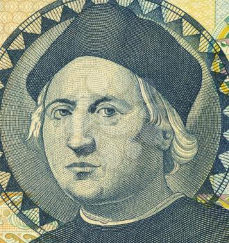 Christopher Columbus (1451-1506) on 1 Dollar 1992 Banknote from Bahamas. Italian explorer, colonizer and navigator.