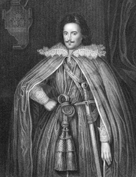 Edward Herbert, 1st Baron Herbert of Chirbury (1583-1648) on engraving from 1840. Anglo-Welsh soldier, diplomat, historian, poet & religious philosopher. Engraved by W.Holl and published by the London