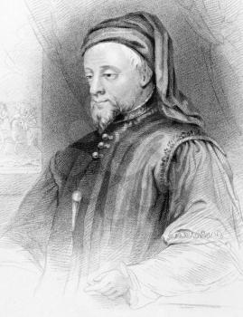 Geoffrey Chaucer (1343-1400) on engraving from 1838. English author, poet, philosopher, bureaucrat, courtier and diplomat. Published by G.Virtue in London.