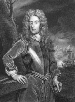 George Byng, 1st Viscount Torrington, KB PC (1668-1733) on engraving from 1837. British naval officer and statesman. Engraved by W.H.Mote after a painting by G.Kneller  and published by Fisher, Son &