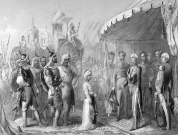 The submission of the young Maharaja Duleep Singh to Sir Henry Hardinge at the end of the 1st Sikh War on engraving from 1846. Drawn and engraved by H.K.Browne.