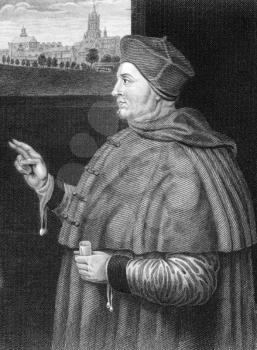 Thomas Wolsey (1473-1530) on engraving from 1838. English political figure and cardinal of the Roman Catholic Church. Engraved by W.H.More after a painting by Holbein and published by J.Tallis & Co.