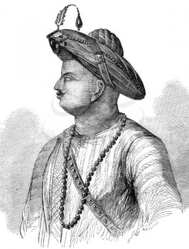 Tipu Sultan (1750-1799) on engraving from 1800s. Also known as the Tiger of Mysore, was the de facto ruler of the Kingdom of Mysore.