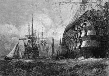 Big warship on engraving from 1865 after a drawing by J.M.W.Turner and published in the Illustrated London News.