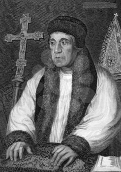 William Warham (1450-1532) on engraving from 1838. Archbishop of Canterbury. Engraved by W.T.Mote after a painting by Holbein and published by J.Tallis & Co.