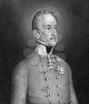 Alfred I, Prince of Windisch-Gratz (1787-1862) on engraving from 1859. Austrian noble man and military officer. Engraved by unknown artist and published in Meyers Konversations-Lexikon, Germany,1859.