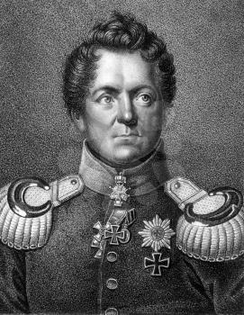 August Neidhardt von Gneisenau (1760-1831) on engraving from 1859. Prussian field marshal. Engraved by Falcke and published in Meyers Konversations-Lexikon, Germany,1859.