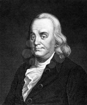 Benjamin Franklin (1706-1790) on engraving from 1859. One of the Founding Fathers of the United States. Engraved by Nordheim and published in Meyers Konversations-Lexikon, Germany,1859.