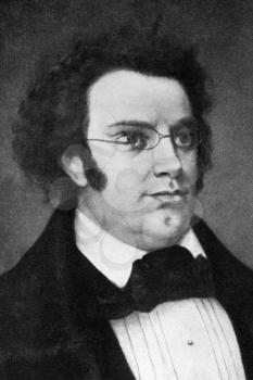 Franz Schubert (1797-1828) on engraving from 1908. Austrian composer. Engraved by unknown artist and published in The world's best music, famous songs. Volume 6, by The University Society, New York,
