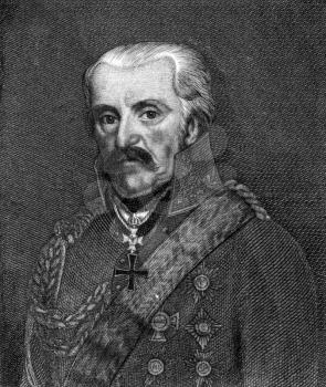 Gebhard Leberecht von Blucher (1742-1819) on engraving from 1859. Prussian field Marshal. Engraved by unknown artist and published in Meyers Konversations-Lexikon, Germany, 1859.