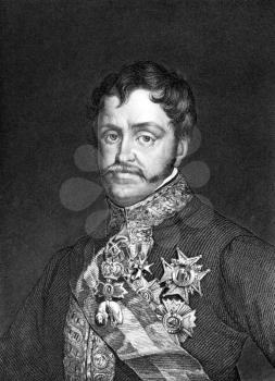 Infante Carlos, Count of Molina (1788-1855) on engraving from 1859. Son of King Charles IV of Spain. Engraved by unknown artist and published in Meyers Konversations-Lexikon, Germany,1859.